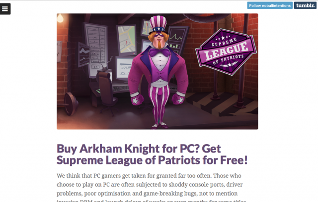 No Bull Intentions Offering Supreme League of Patriots for Free to Players Who Bought Arkham KnightVideo Game News Online, Gaming News